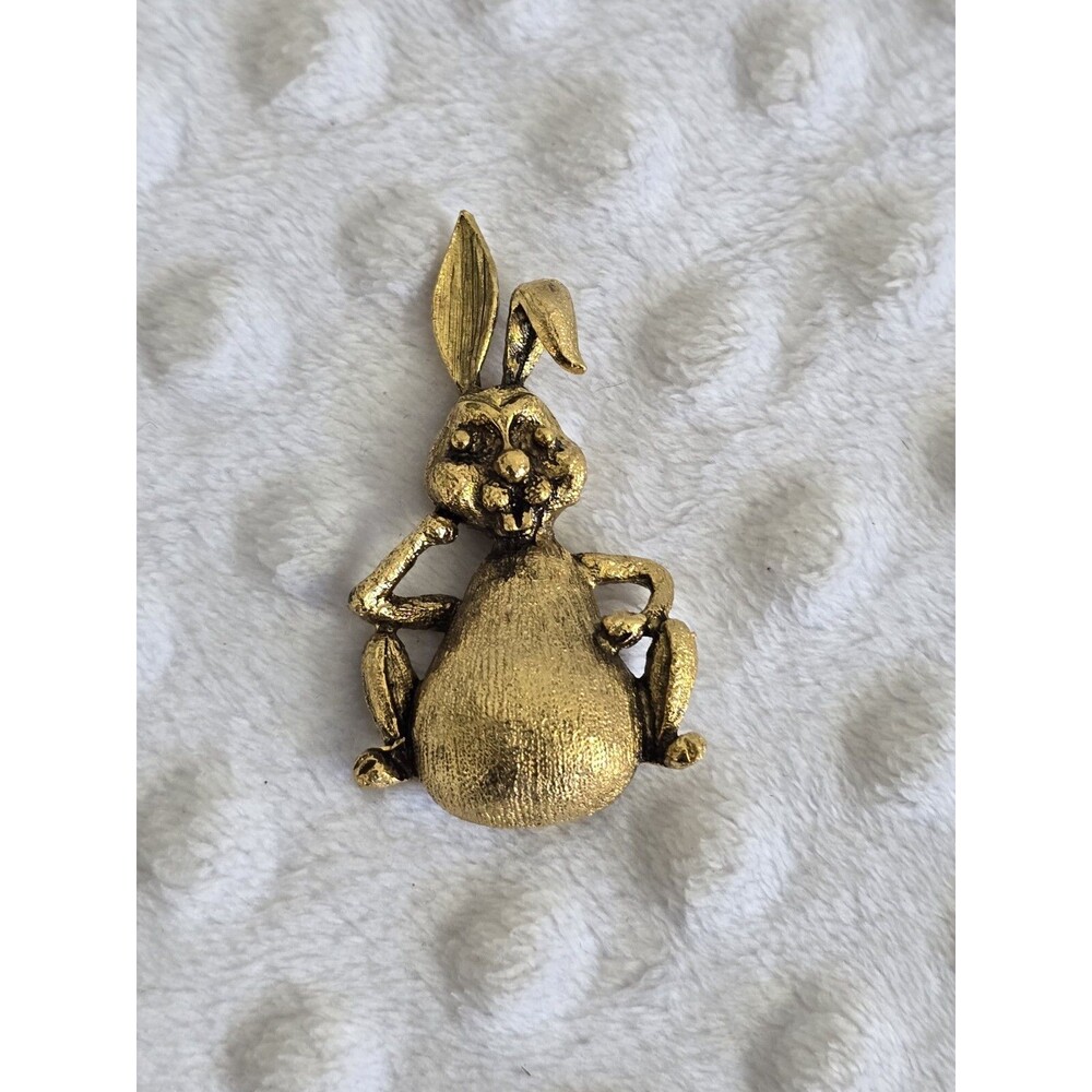 Vintage Gold Tone Rabbit Brooch Bunny Brushed Texture Signed S.H.P. Costume Pin